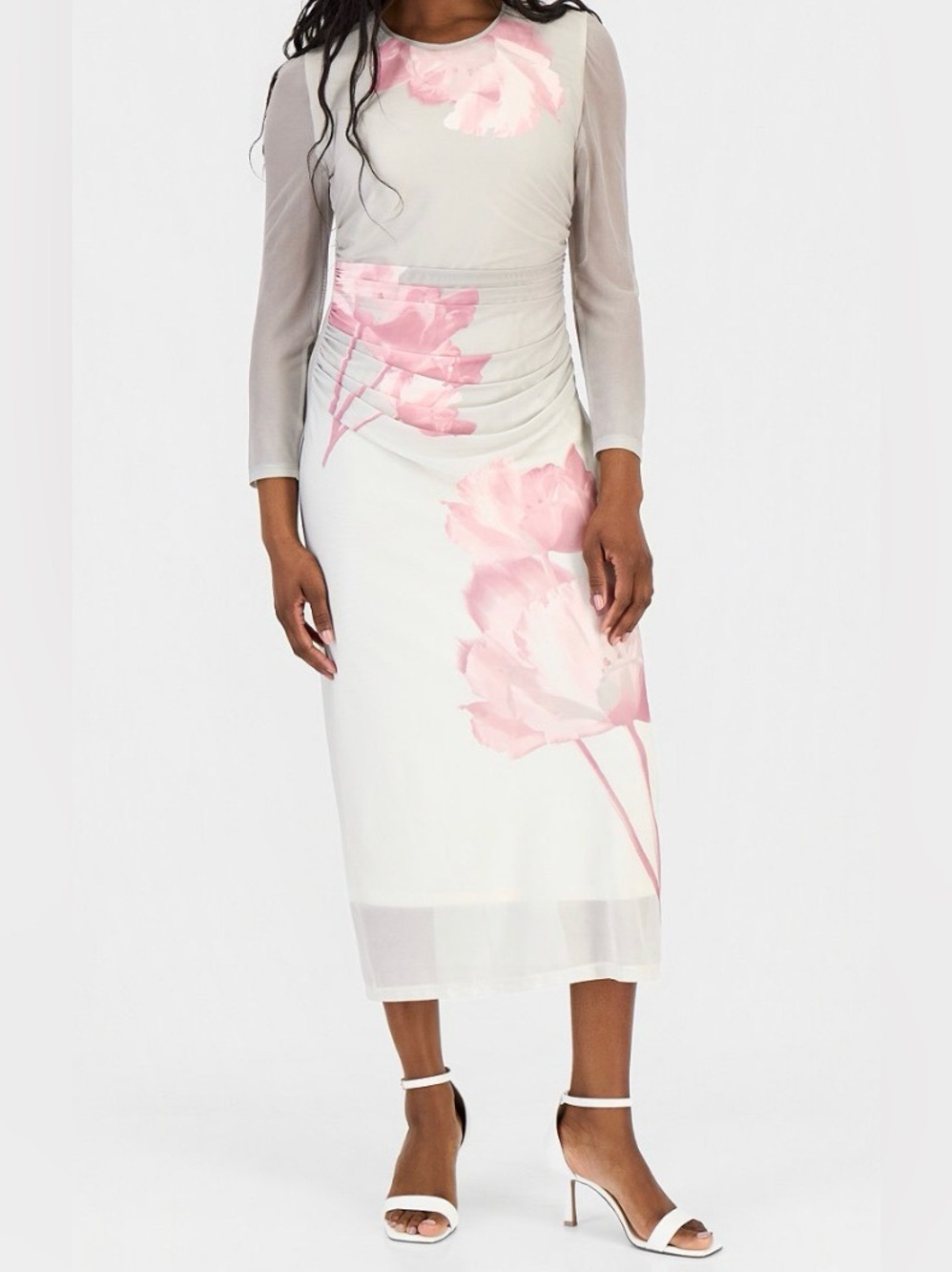 Like New: Anne Klein White Midi Dress with Pink Floral Print